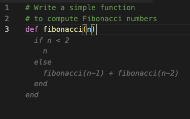 A developer using GitHub Copilot to write a simple function to compute Fibonacci numbers in Ruby. 