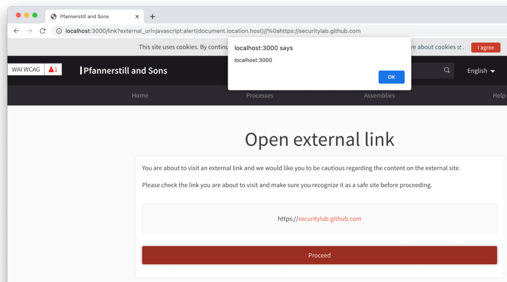 Screenshot: A JavaScript alert message is displayed to demonstrate that a cross-site scripting vulnerability exists. This alert was triggered when the user clicked on the “Proceed” button on a link provided by the attacker. Instead of the “malicious” attacker-supplied JavaScript URL, the user only sees what the attacker wants the user to see, in this case: a harmless link to securitylab.github.com.