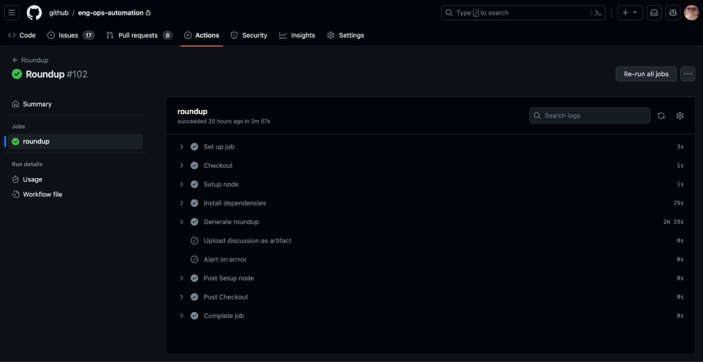 Screenshot of the GitHub Actions workflow in the eng-ops-automations repository that creates roundups of activity based on labels and posts them as discussions in the github/engineering repository.