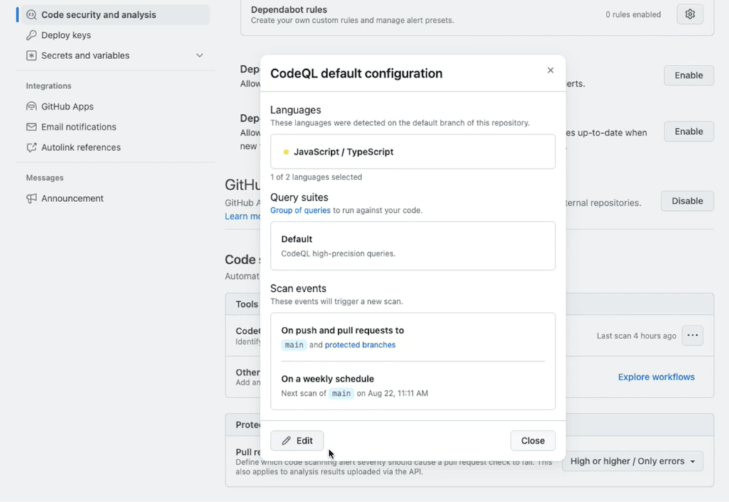 Screenshot of the Pop Up Window showing CodeQL default configuration settings