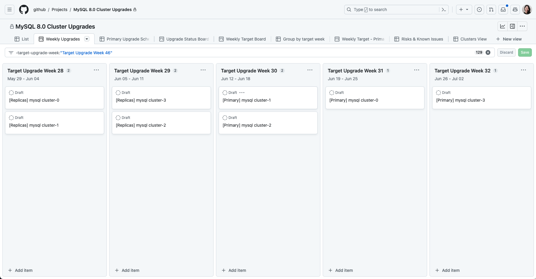 Project Board for tracking the MySQL 8.0 upgrade schedule