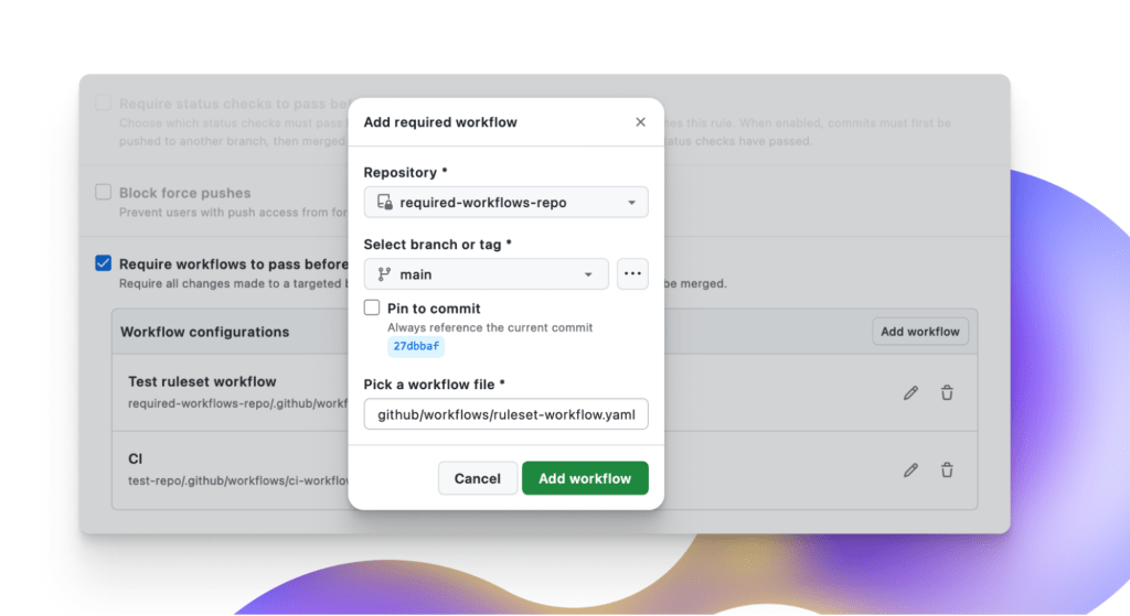 Screenshot of the UI module that allows account administrators to set up "add required workflow" policy