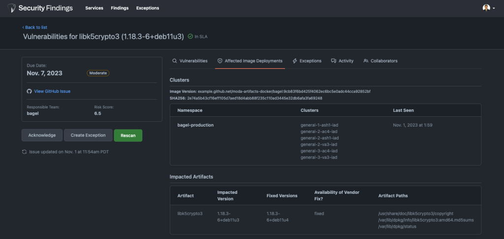 Screenshot of the details page for the security vulnerability entitled "libk5crypto3." The page is showing what clusters and images are affected by the vulnerability.