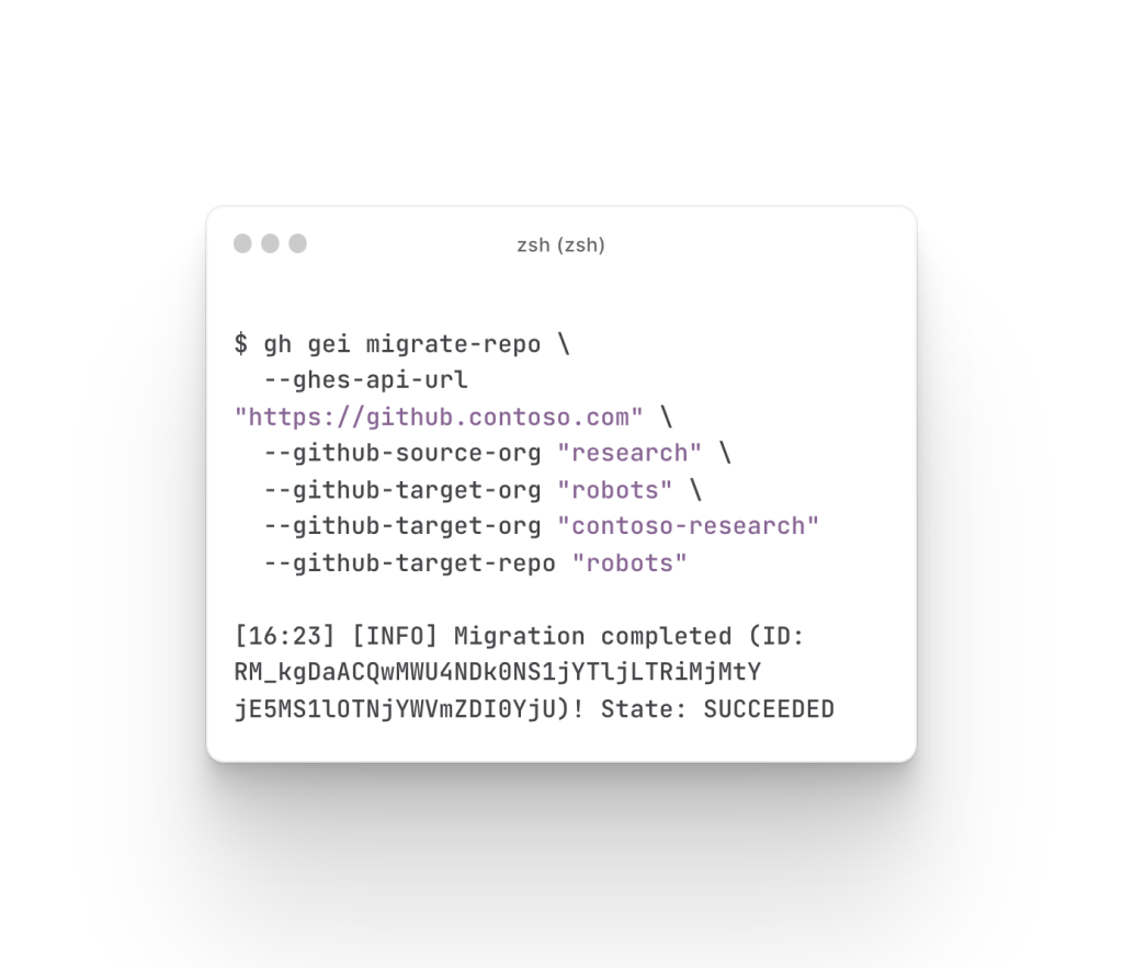 Screenshot of the terminal tool zsh showing prompts to migrate a GitHub repository.