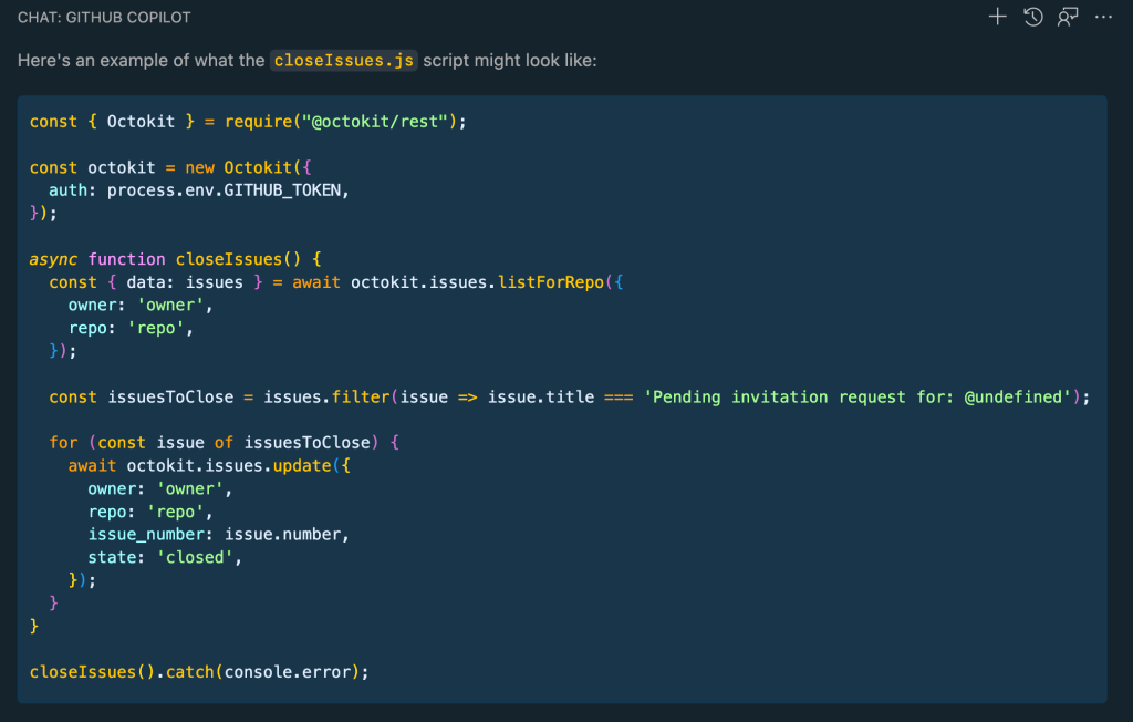 Example of a closeissues.js script generated by GitHub Copilot 