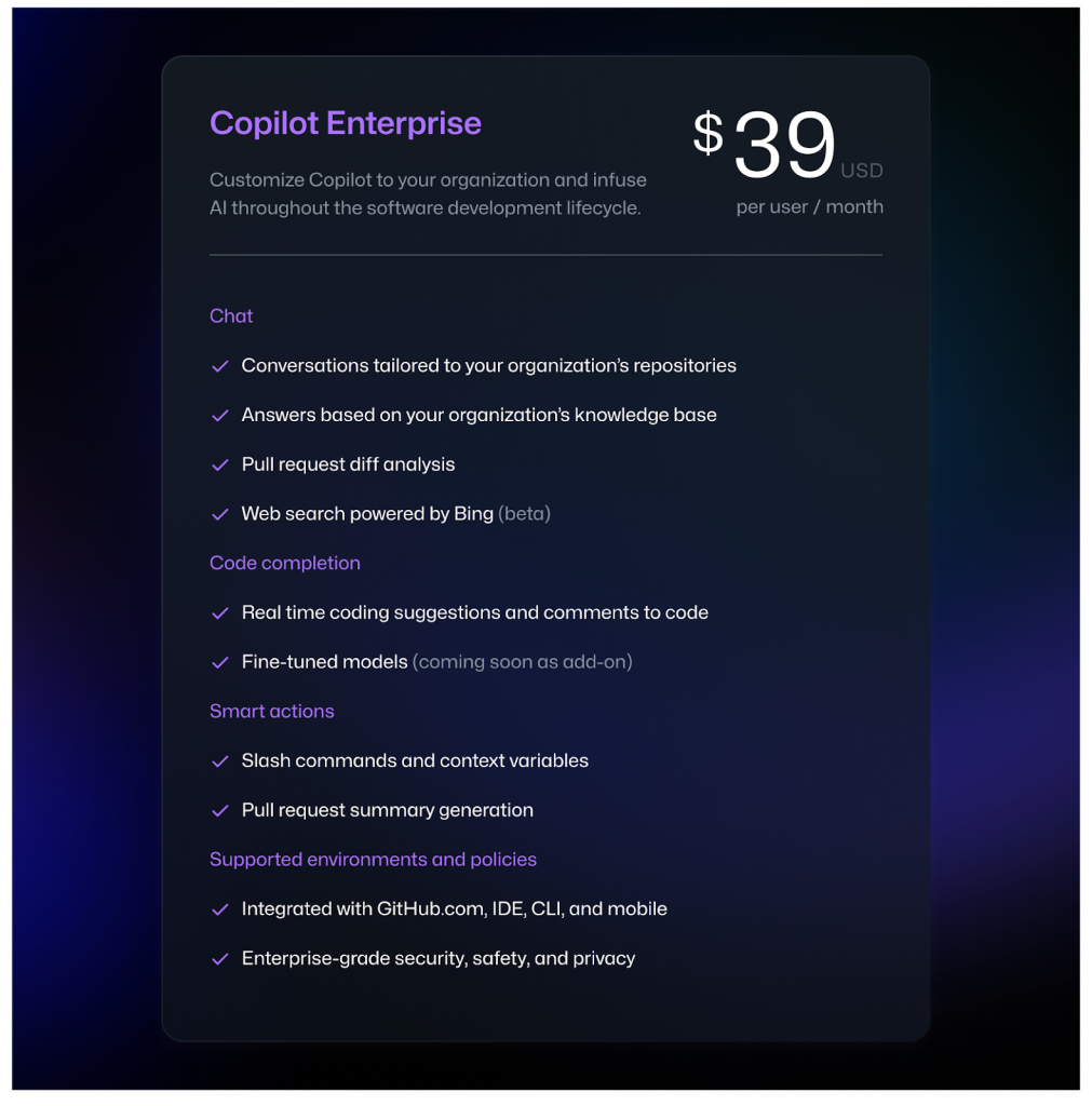 Pricing sheet for GitHub Copilot Enterprise. It will cost $39 per user per month.