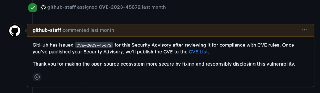 Screenshot of a comment on a GitHub Issue stating that a CVE has been issued for the reported vulnerability. The comment includes the CVE's number a link to the CVE list.