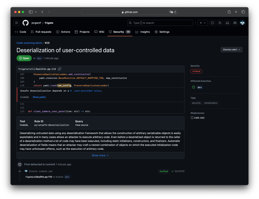 Code scanning alert for deserialization of user-controlled data found by CodeQL