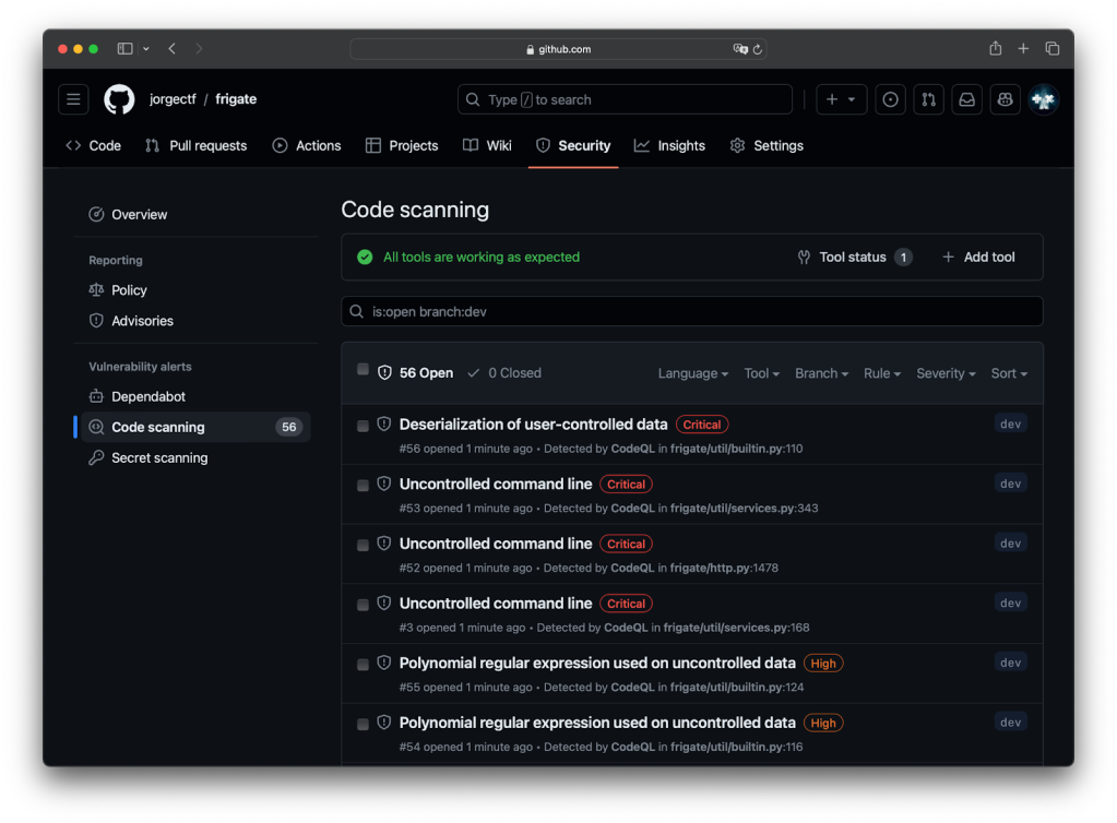 Code scanning alerts in the Security tab, provided by CodeQL