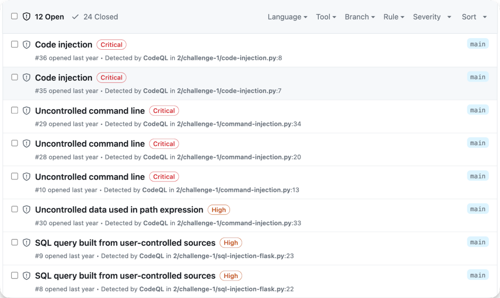 Screenshot of open issues resulting from the CodeQL query suite.