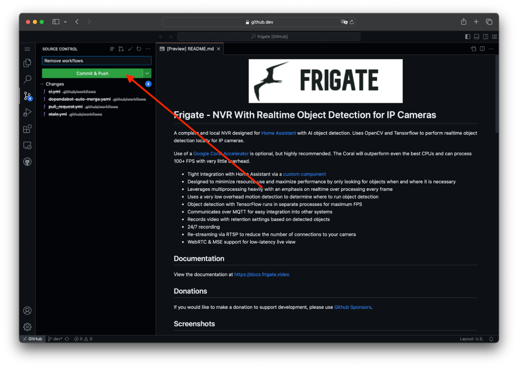 Push changes via the "Commit & Push" button on Github.dev.