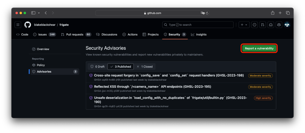 Screenshot of the security advisories page in the frigate repository with the "Report a vulnerability" button highlighted.