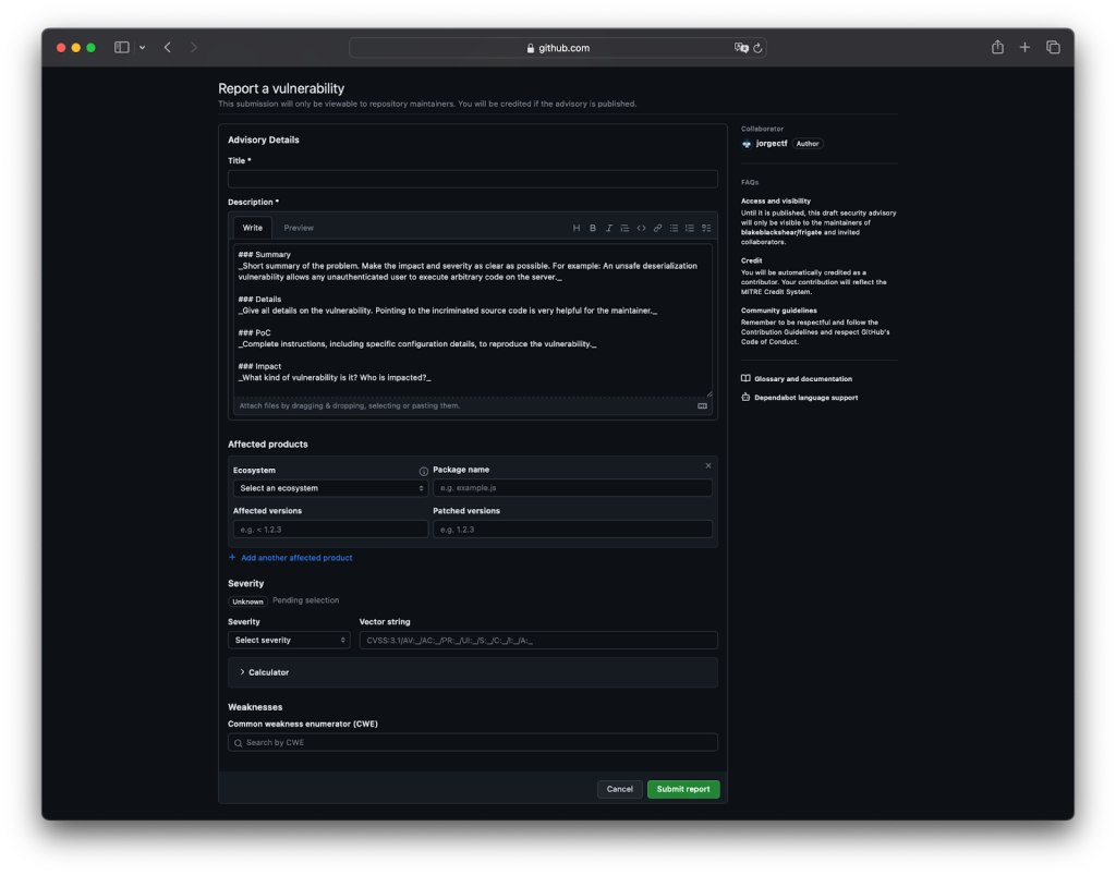 Screenshot of the form for reporting a vulnerability. The fields include title, description, affected products, severity, and weaknesses.