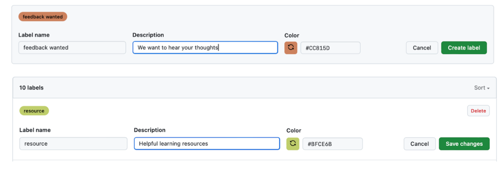 Screenshot of the form for creating a new label.