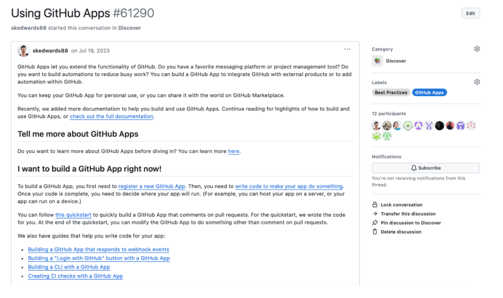 Screenshot of a discussion called "Using GitHub apps"