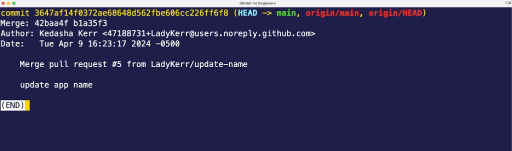 Screenshot of a terminal displaying everything that the command git show returns.