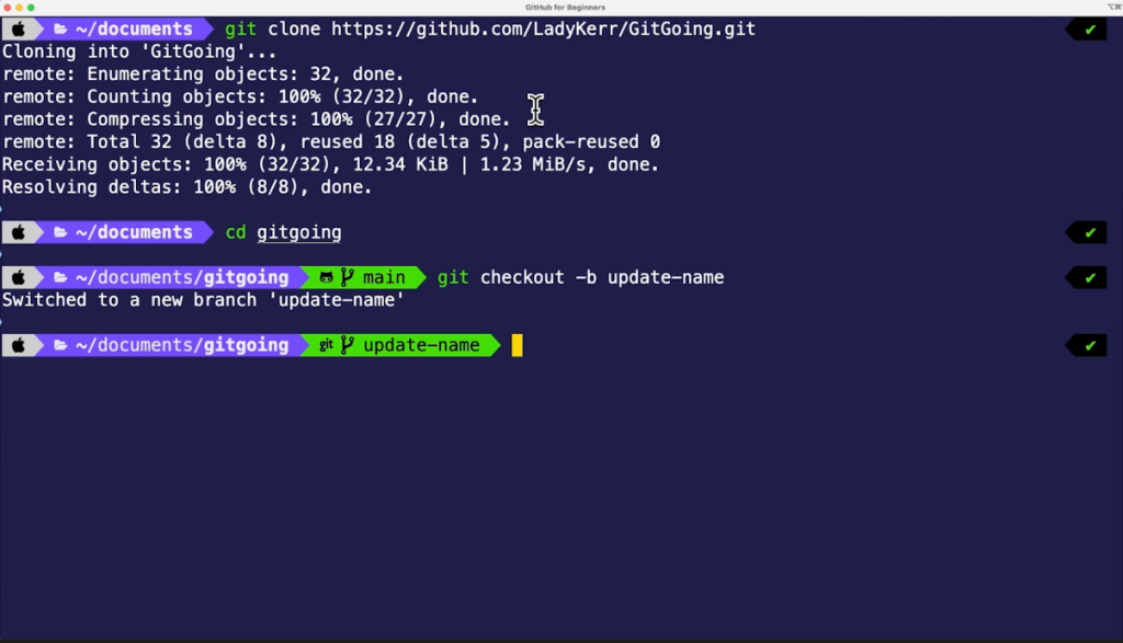Typing git checkout -b update-name to create a new branch called update-name that you can make your changes on. This command will allow you to create a new branch and switch to the branch at the same time. 