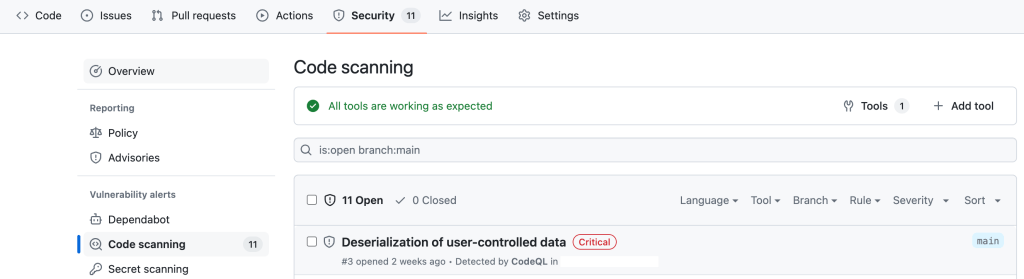 A screenshot of the GitHub security tab depicting code scanning results. One result with the name “Deserialization of user-controlled data” is visible.