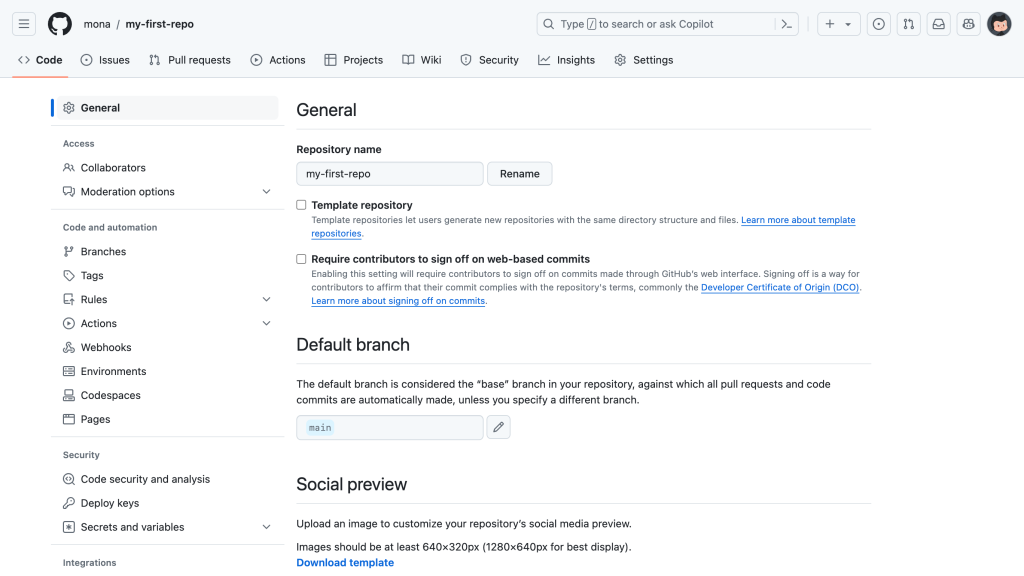 The "Settings" page for a GitHub repository.