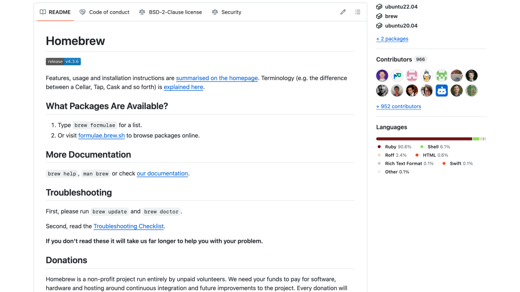 A screenshot of a README page from the Homebrew project.