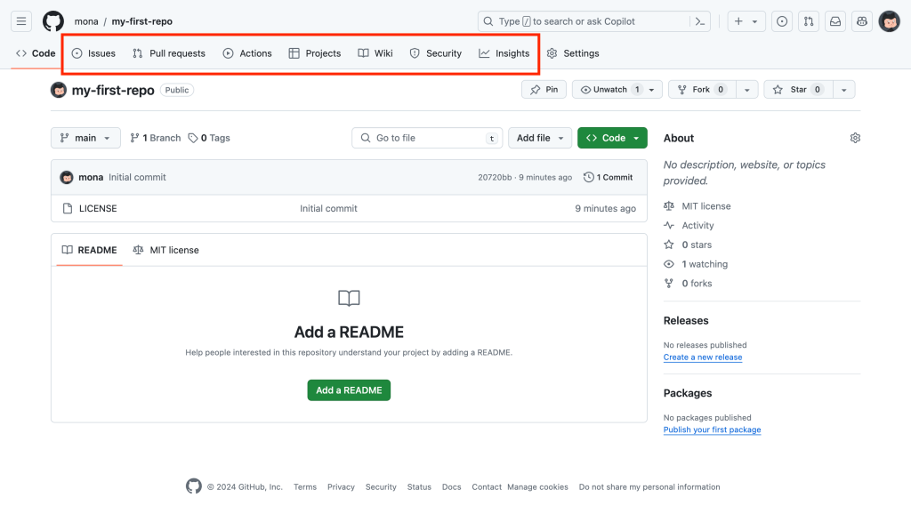 The top feature bar of a GitHub repository. The features, including "Issues, Pull Requests, Actions, Projects, Wiki, Security, Insights" are highlighted by a rectangle outlined in red.