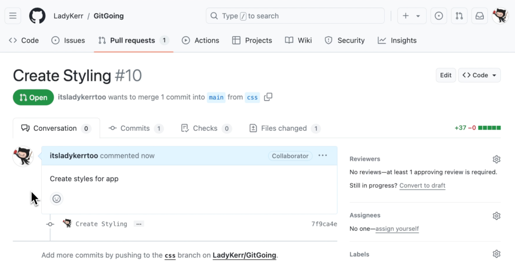 View of style.css in GitHub Desktop, with the option to commit the changed file to the CSS branch.
