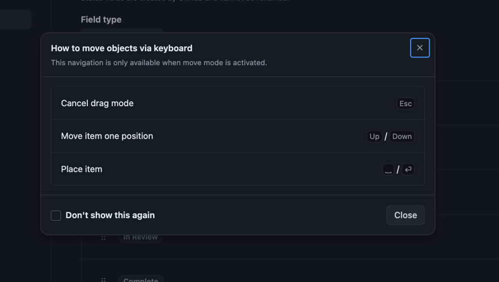 A screenshot of the instruction dialog. The dialog contains a table with three rows. Each row contains two columns the first column is the movement and the second column is the keyboard command. At the bottom is the