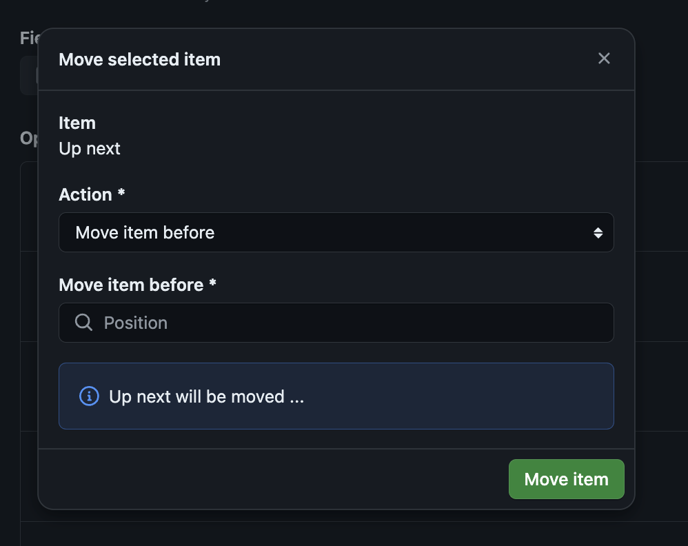 A screenshot of the Move Dialog. At the top of the dialog is a span specifying the item being moved. Followed by a form to move items then a preview of the movement.
