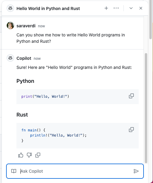 Asking GitHub Copilot for assistance writing a Hello World program in Python and Rust.