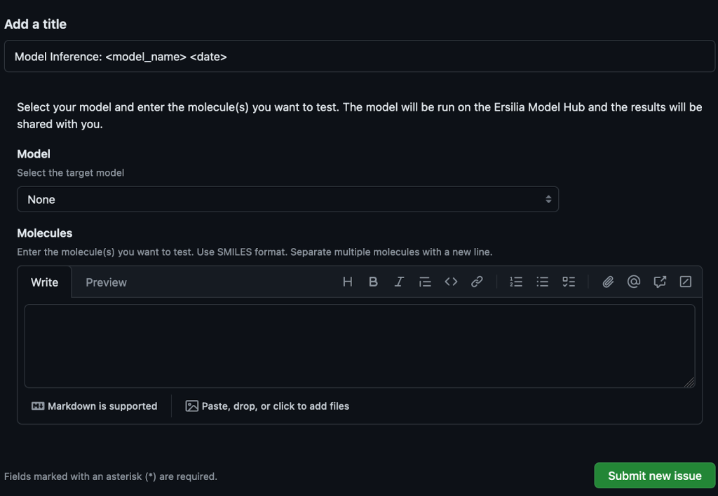 The GitHub issues template that powers the Ersilia Model Hub's self-service process is shown on a screen in dark mode.
