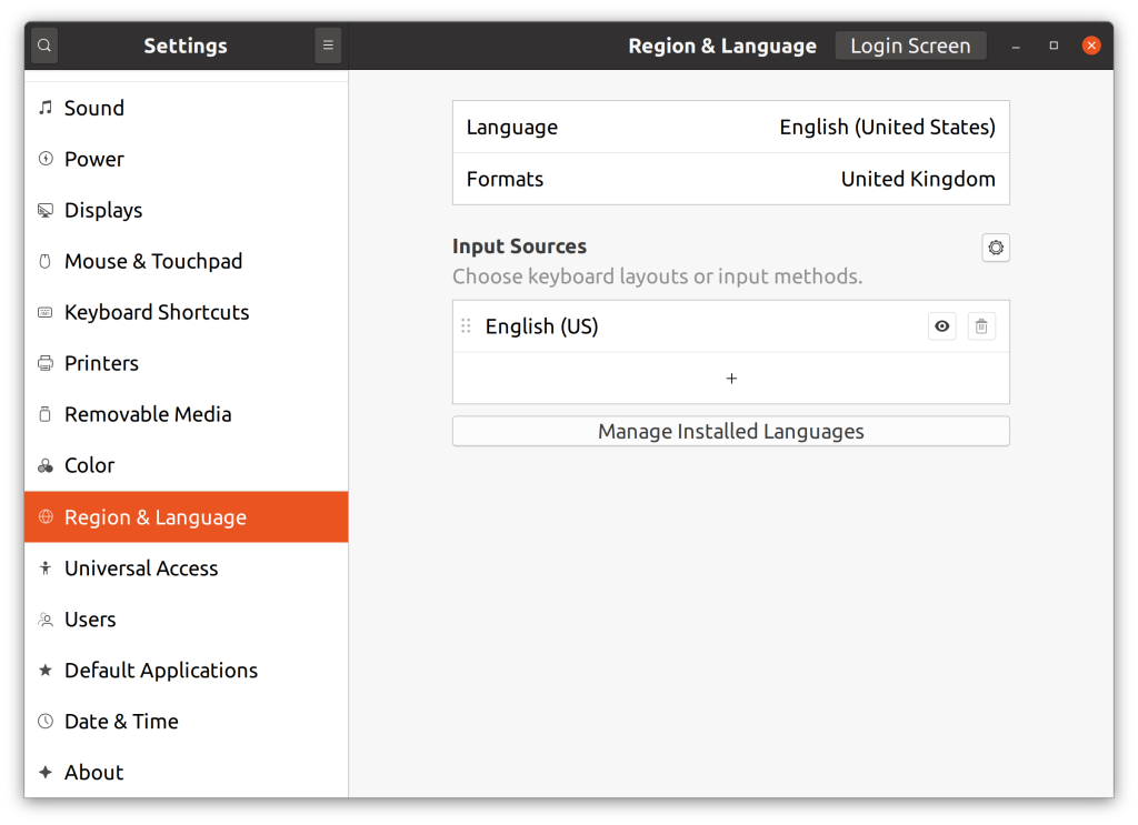 System settings for region and language