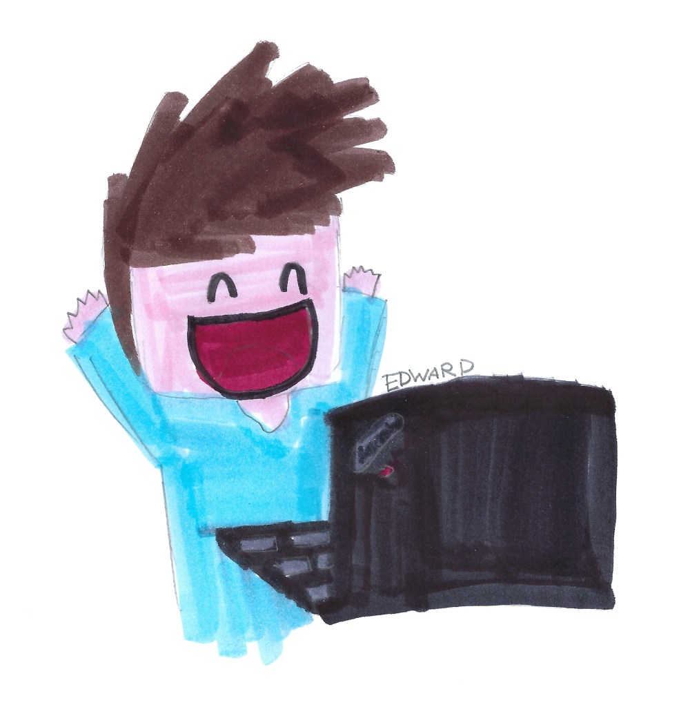 A cartoon-style drawing of a man sitting in front of a laptop with a big grin and his arms raised up in the air in victory.