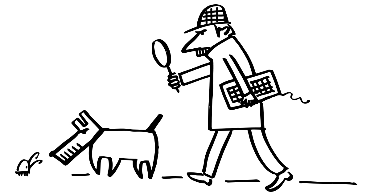 A cartoon detective with a magnifying glass and keyboard, followed by a barcode-nosed dog sniffing the ground. The style is whimsical and cartoonish, symbolizing investigation.