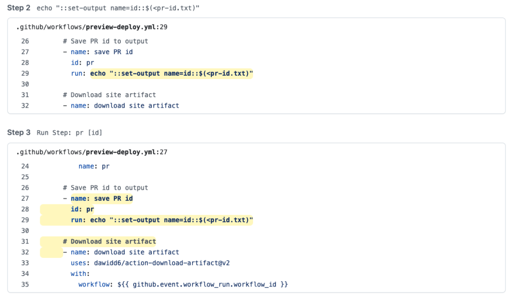 Code snippets setting the content of a file from the artifact as the output of the workflow step