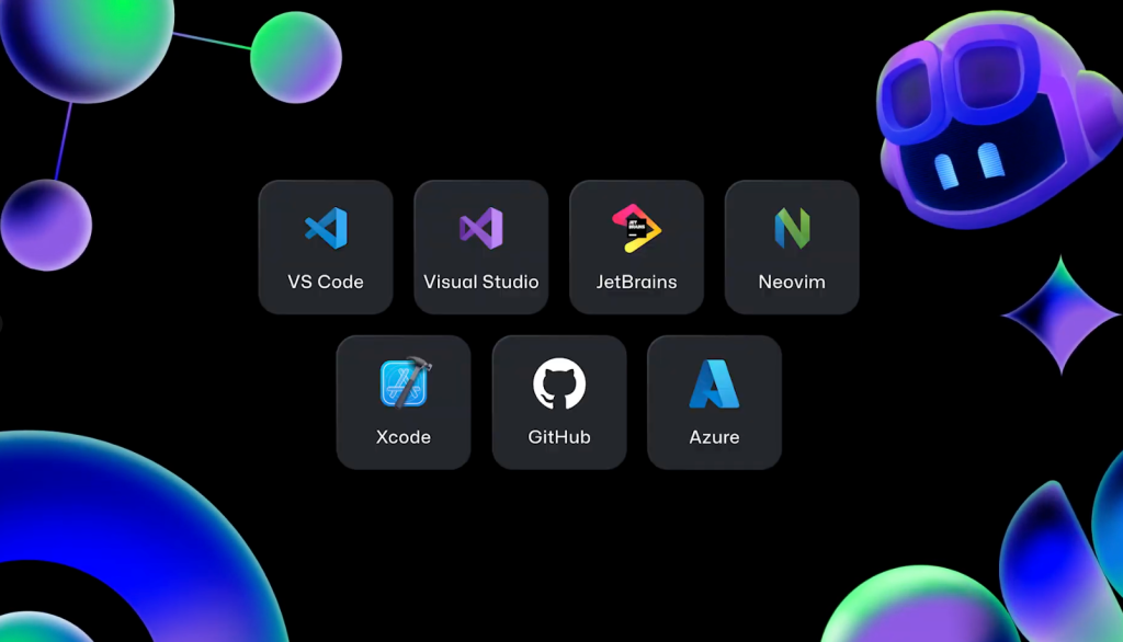 This image features eight icons for development tools: VS Code, Visual Studio, JetBrains, Neovim (top row), Xcode, GitHub, Azure (bottom row).