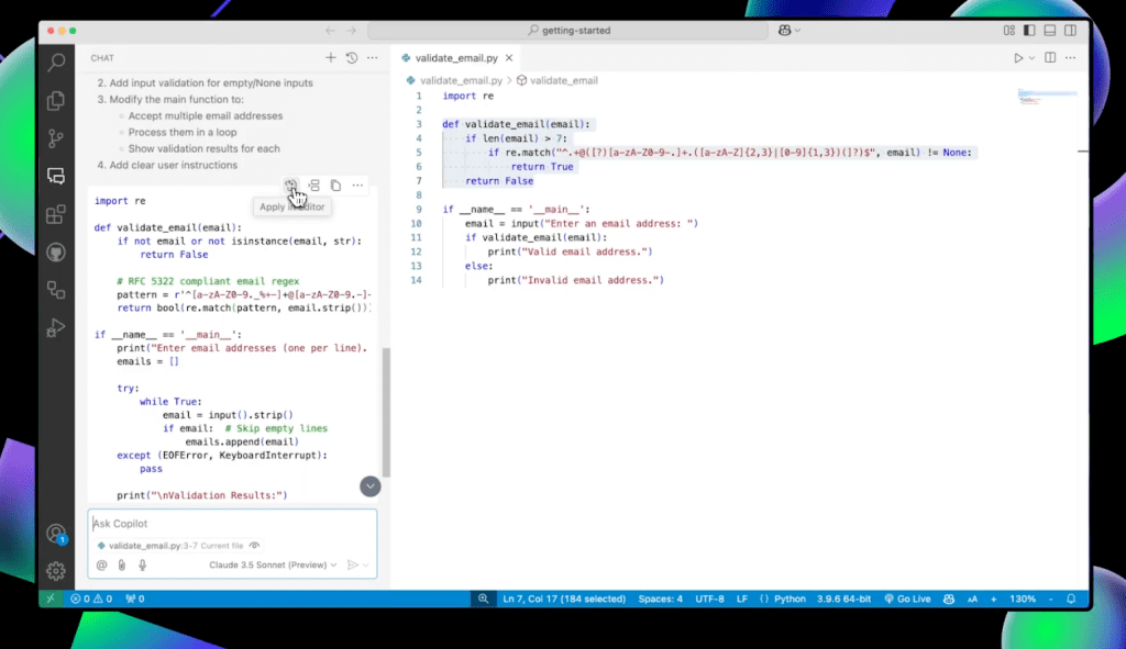 This image is a screenshot of GitHub Copilot Chat. We see an updated code block, with the cursor hovering over it and a button reading “Apply in editor.”