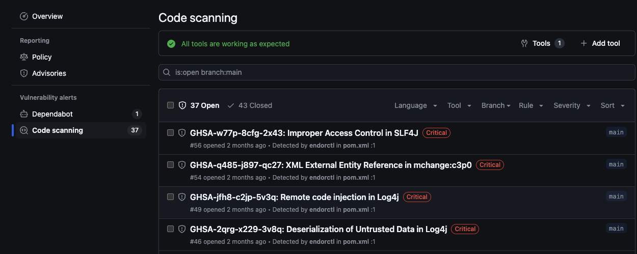 A GitHub code scanning page shows several active vulnerabilities from GitHub’s advisory database labeled 'Critical' by Endor Labs.