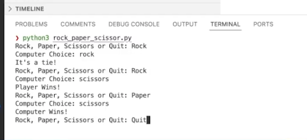 Screenshot of the output of rock paper scissors.py in the terminal