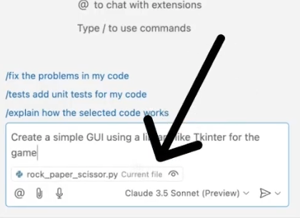 Screenshot of the chat window with an arrow pointing to the current file