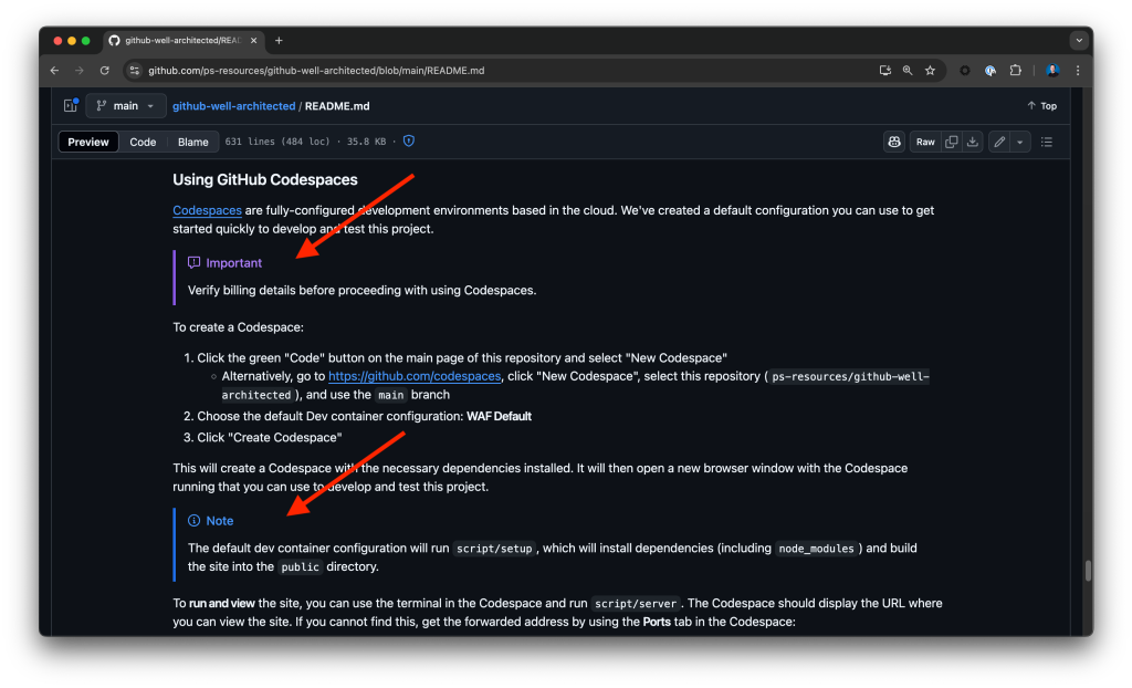 Screenshot of a GitHub README file with arrows highlighting GitHub-specific Markdown formatting used by Copilot after getting custom instructions.