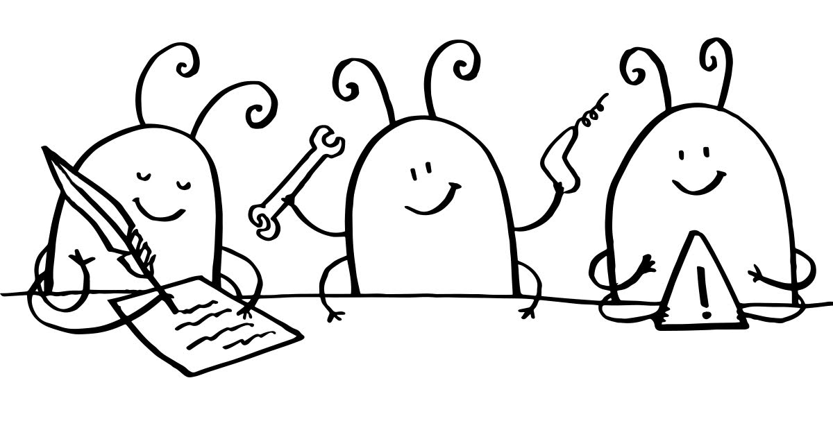 Three cartoon bugs collaborating—one writing, one holding a wrench, and another pointing at a warning sign, representing teamwork in debugging and security.