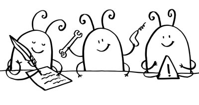 Three cartoon bugs collaborating—one writing, one holding a wrench, and another pointing at a warning sign, representing teamwork in debugging and security.