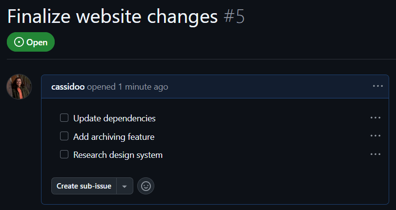A GitHub Issue titled "Finalize website changes" with a checklist.