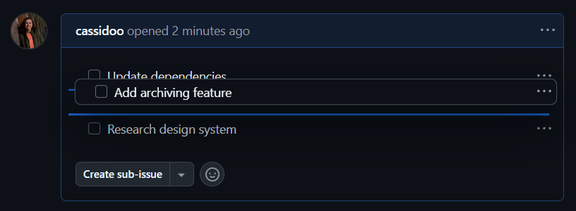 Rearranging a task list in a GitHub Issue.