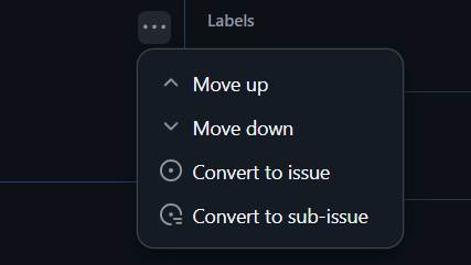 A dropdown menu with the options "Move up," "Move down," "Convert to issue," and "Convert to sub-issue."