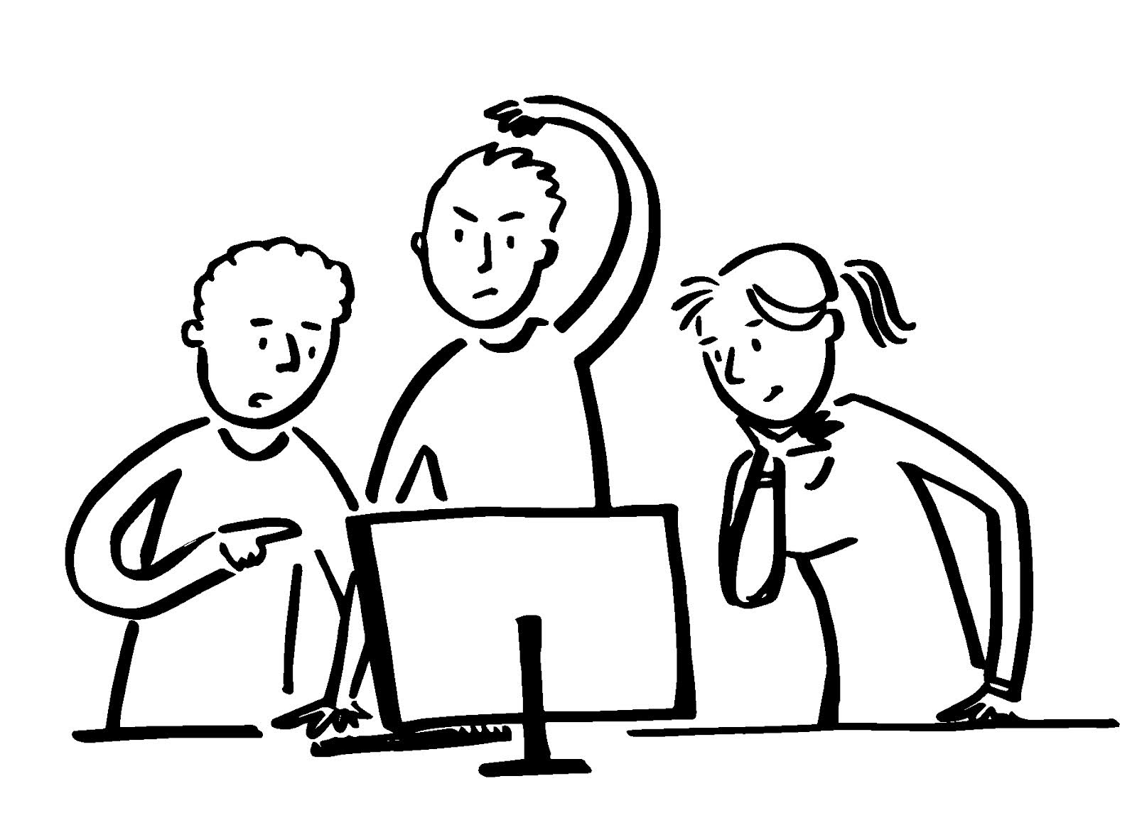 Three people gathered around a computer screen with puzzled and concerned expressions, discussing something on the screen.