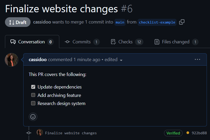 A Pull Request titled "Finalize website changes" with a checklist.