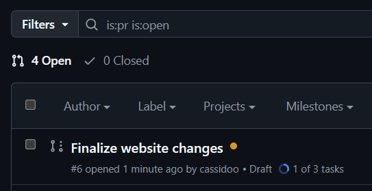 A list of PRs, with the "Finalize website changes" PR having 1 of 3 tasks completed.