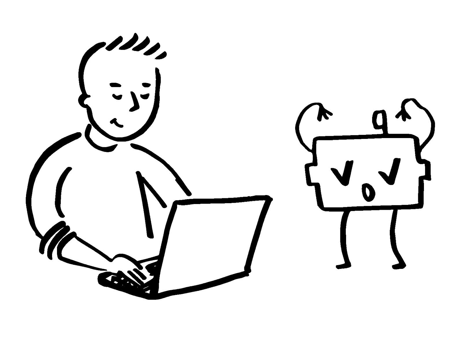 A person typing on a laptop while a small, animated robot (Dependabot) with arms raised in excitement interacts beside them.