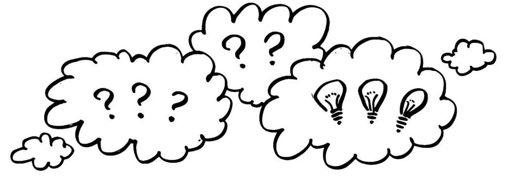 Three thought bubbles—two filled with question marks and one with light bulbs—symbolizing frequently asked questions (FAQ) and the process of finding answers or solutions.
